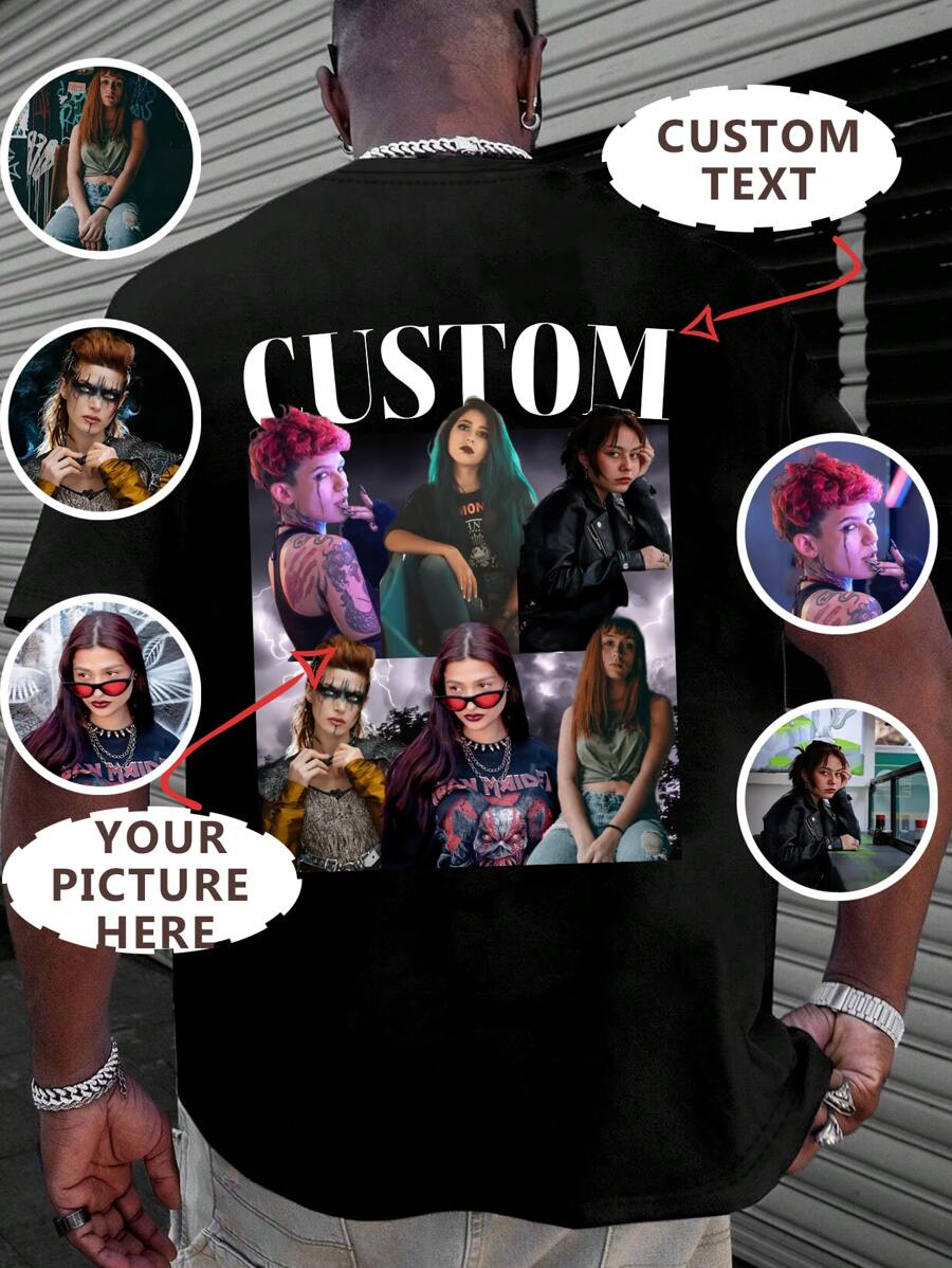 Customized Personalized Loose Round-Neck Men's Casual T-Shirt - Add Your Own Images (Family Photo/Selfie/Pet Photo/Friend Photo/Lover Photo/Girlfriend Photo/Gifts/Logo For Couples/Customizable Tee For Husband Or Boyfriend Or Girlfriend) And Your Text To Design Your Personalized Printed T-Shirt Stylish,Fashion,Hipster,Casual,Minimal Chic Personalized,Customized,Custom,Unique Guy Costumes,Capsule Wardrobe,Men Basic/Street Style Ideal Gifts For Him Boyfriend,Family,Friends For Birthdays,For Vacation/Holiday,For School/Competition,For Sports/Climbing - Black - View 1
