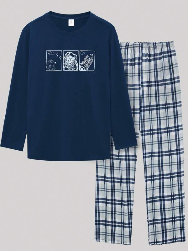 Men's Graphic Printed Long Sleeve Sweatshirt And Plaid Printed Pants Pajama Set, Homewear