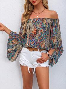 Summer Fashion Vintage Women Paisley Print Elegant Open Shoulder Flare Sleeve Top, Casual Vacation Apparel Off Shoulder 3/4 Sleeve Printed Blouse