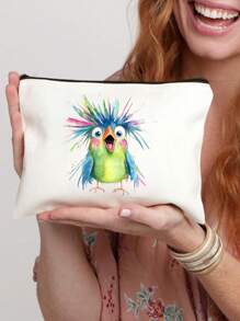 Bolsa de maquillaje de gran capacidad con estilo, bolsa de maquillaje de viaje, bolsa con cremallera de unicolor, bolsa de belleza, bolsa de lona, estampada con un colorido patrón de pájaros, adecuada para almacenamiento diario, despedida de soltera y bolsa de aseo, kit de maquillaje de dama de honor, bolsa de regalo de dama de honor, bolsa de almacenamiento de viaje para bodas con cremallera, bolsa de maquillaje ideal de compras de diseño reciente