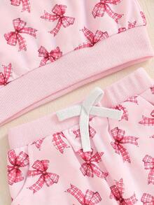 Toddler Girls 2PCS Fall Sets Long Sleeve O Neck Bow Print Tops Drawstring Pants Set - Pink - View 8