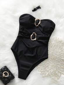 女士优雅连体泳衣，适合海滩夏季度假 - 黑色 - 查看 2