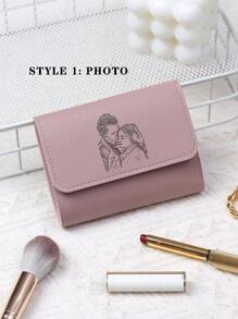 1pc Women Personalized PU Leather Short Wallet, Solid Litchi Pattern Women Trifold Wallet With Laser Engraved Name, Multi-Card Holder, Family Photo, Best Friends, Mother-Daughter, Graduation School Gift, Romantic Gift For Girlfriend - Dusty Purple - View 3