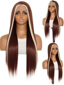 SALLYWELL Tóc giả ren phía trước màu vàng ombre cho phụ nữ 13 * 4 inch tổng hợp nhiệt sợi màu nâu đỏ Bonde màu nâu đỏ thẳng được nhổ sẵn đường chân tóc tóc giả ren phía trước không cần keo dán để sử dụng hàng ngày trong các bữa tiệc - Làm nổi bật tóc vàng - Xem 3