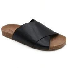 Women's Cork Footbed Slide Comfortable Cross-Strap Flat Casual Sandals - 黑色 - 查看 1