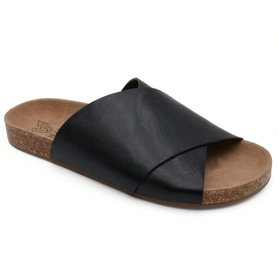 Women's Cork Footbed Slide Comfortable Cross-Strap Flat Casual Sandals - 黑色 - 查看 1