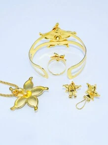 5 stuks/set Midden-Oosterse stijl gouden bloemen ketting, ring, armband, oorbellen bruidssieradenset