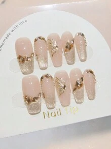 10 Móng Giả Kiểu Pháp Hình Bướm Lá Lá, Mắt Mèo, Đính Đá Vàng, Sang Trọng, Hình Ngắn, Thích Hợp Cho Sử Dụng Hàng Ngày, Hẹn Hò và Tiệc Tùng. - Màu Hồng baby - Xem 11