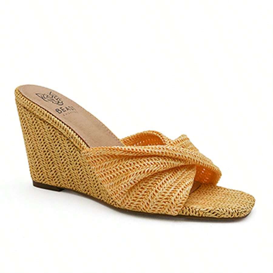 Sandalias de cuña tejidas con tacón alto y punta cuadrada para mujer - Amarillo - Ver 1
