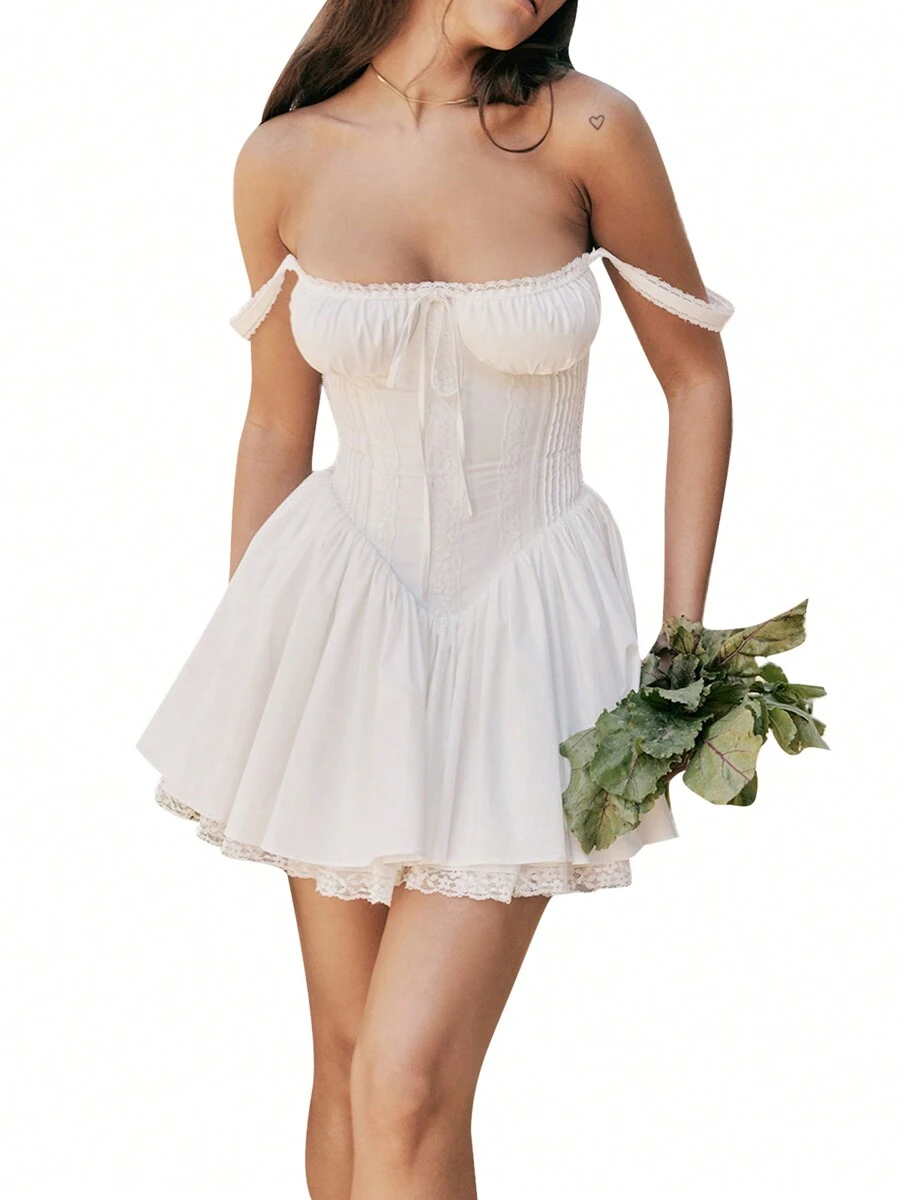 Women's Square Neck Bustier A-Line Dresses Sleeveless Tank Top Lace Trim Stretch Flare Mini Dresses