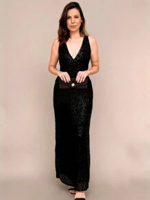 Vestido Longo Feminino de Festa Paete Preto Elegante Formatura - Preto - Visão 2