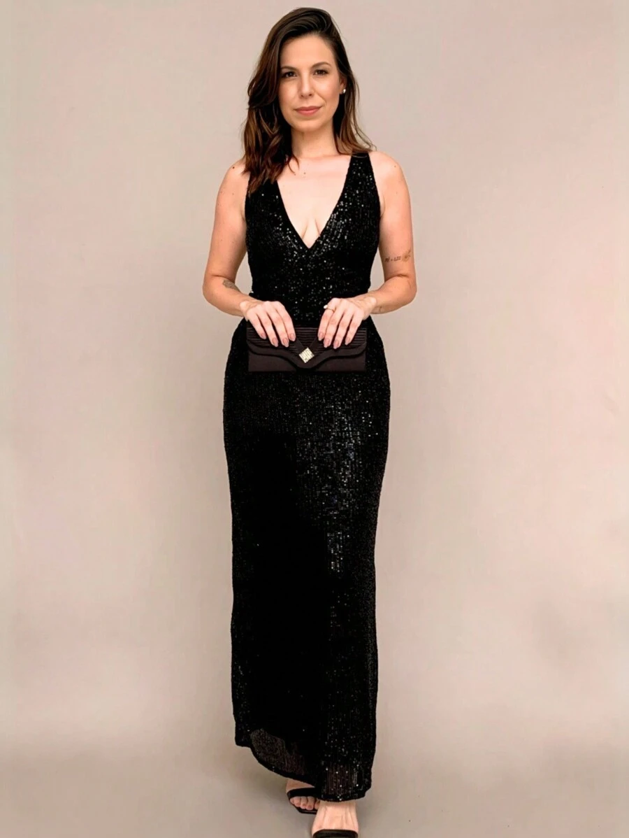 Vestido Longo Feminino de Festa Paete Preto Elegante Formatura