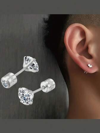 1 par skruv platt rygg Cubic Zirconia örhängen män rostfritt stål trendiga örhängen för kvinnor Silver färg mode smycken