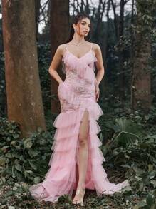 Faeriesty Elegant Glamorous Sequin Connect Mesh Split Thigh Cascading Ruffle Cami Prom Dress &Formal Party Dress & Evening Dress,Gown,Wedding Guest - Pink - View 3