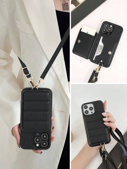 1pc Black Wallet-Style Detachable Shoulder Strap Phone Case With Card Slots & Lanyard Compatible With IPhone 16e/11 Pro Max, IPhone 12 Pro Max, IPhone 13 Pro Max, IPhone 14 Pro Max, IPhone 14 Plus, IPhone 15, IPhone 15 Pro Max, Galaxy S20 Ultra, Galaxy S21 Plus, Galaxy S21 Ultra, Galaxy S22 Plus, Galaxy S23/S24/S25 Ultra, Pixel 5A 5G, Pixel 6 Pro, Pixel 7 Pro, Pixel 8 Pro, Xperia Ace III, Xperia 1 V, Xperia 5 V, Xperia 10 V Waterproof Shockproof Anti-Fall Scratch Resistant