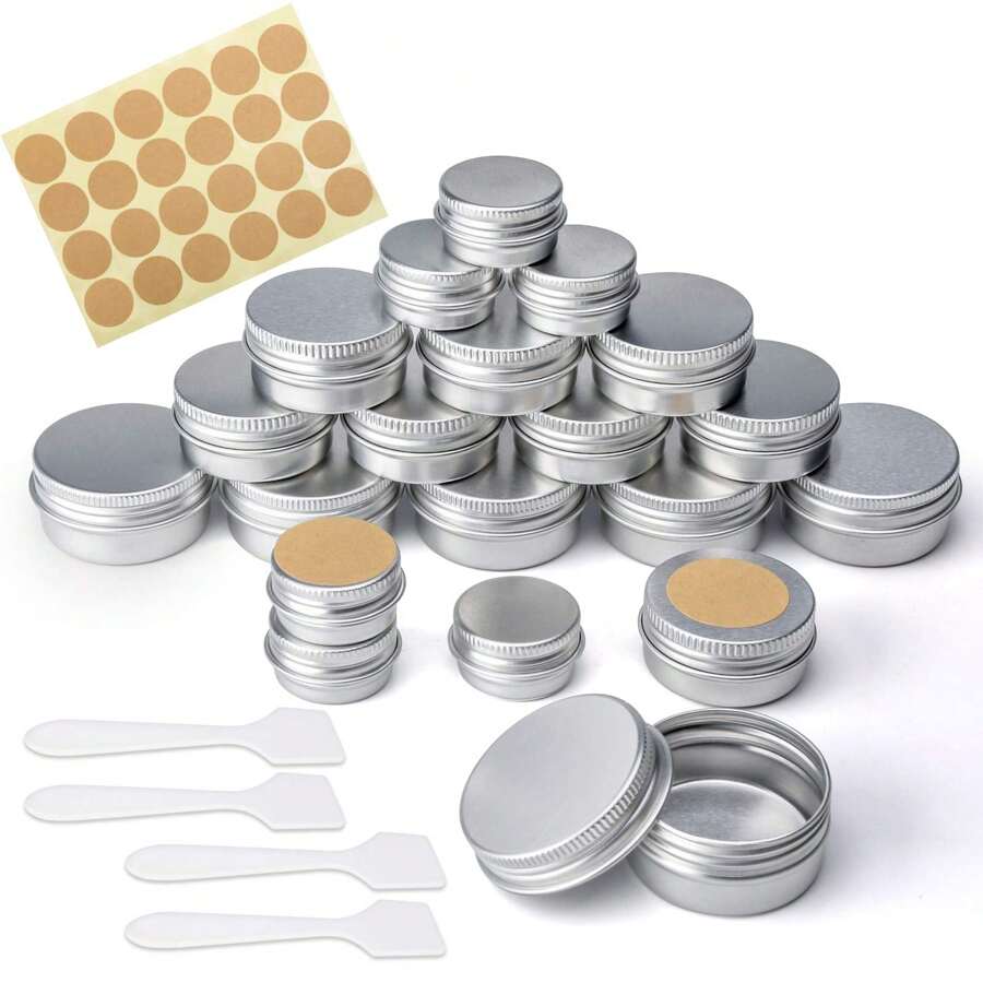 24 Pcs Aluminum Tin Jars, Aluminium Empty Containers, 5ml/20ml/30ml/40ml/50ml/60ml Round Cosmetic Tin Jars, Metal Tins With Lids, Aluminium Empty Tins Metal Candle Storage Tin Jars Travel Tin Cans For Crafts, Cosmetics, Lip Balm, Candles, DIY