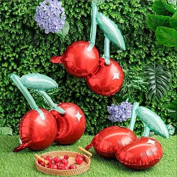 Set de 6 globos de modelado de aluminio con diseño de cereza, decoración para fiestas de cumpleaños con temática de frutas, decoración para actividades al aire libre, hechos de material de modelado de aluminio de alta calidad, autosellantes, sin necesidad de electricidad
