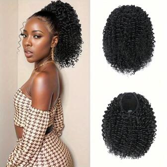 Belle Show 非洲卷曲马尾辫 10 英寸短马尾辫接发 (1B+TGREY) 2 件装抽绳马尾辫适用于合成假发夹式杰瑞卷发非洲蓬松马尾辫接发