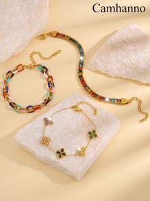 Camhanno 3 件可堆叠女士手链奢华复古不锈钢彩色链条手链套装，适合赠送珠宝配饰和礼物给家人和朋友，适合日常度假宴会