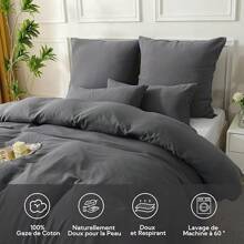 Parure de lit double en mousseline de coton gris foncé 140x200, 1 housse de couette & 1 taies d'oreiller 80x80