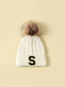 1pc Kids Letter Fuzzy Ball Beanie Hat, Winter - White - View 61