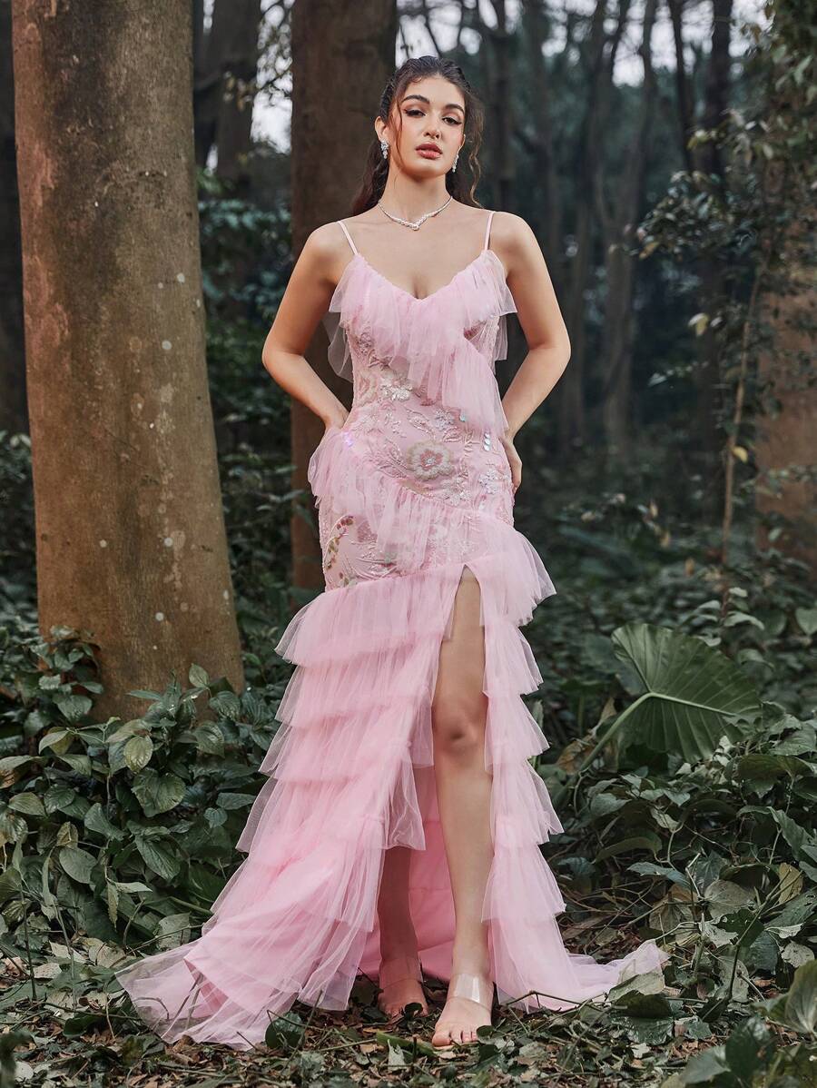 Faeriesty Elegant Glamorous Sequin Connect Mesh Split Thigh Cascading Ruffle Cami Prom Dress &Formal Party Dress & Evening Dress,Gown,Wedding Guest - Pink - View 1