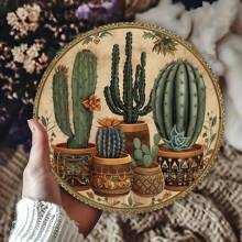 Vintage Desert Cactus Sunset Theme Round Wooden Sign, Retro Home Kitchen Garden Club Garage Office Wall Decor, Ideal Holiday Gift, Random Hole Style