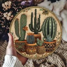 Vintage Desert Cactus Sunset Theme Round Wooden Sign, Retro Home Kitchen Garden Club Garage Office Wall Decor, Ideal Holiday Gift, Random Hole Style
