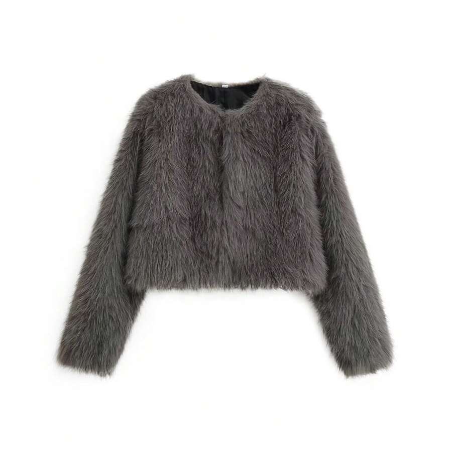 Women's Solid Color Long Sleeve Casual Fashionable Faux Fur - Dark Grey - View 1