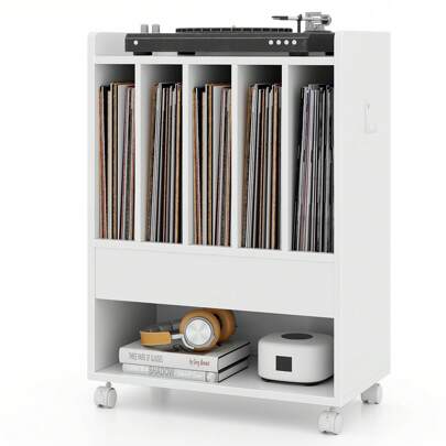 Homasis Record Player Stand On Wheels W/ Pull-Out Drawer & Open Shelf Lockable Wheels