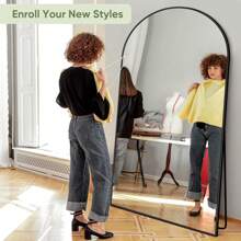 Furnbar Full Length Mirror  Arched Floor Mirror Freestanding Full Body Oversized Floor Free Standing Leaning Hanging Mounted Aluminum Alloy Frame Floor Mirror For Bedroom Cloakroom Living Room - 黑色 - 查看 5