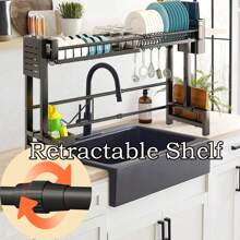 Over Sink Dish Drying Rack, 2-Tier Adjustable Length(22.8-37.8in) Large Stainless Steel Dish Rack Over Sink, Multifunctional Kitchen Organizer, Space Saving Kitchen Sink Drying Rack, Black - màu đen - Xem 2