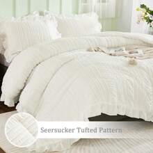 3 Pieces Beige Textured Comforter Set Queen King,Ruffle Farmhouse Shabby Chic Comforter For Queen Bed,Soft Seersucker Boho Bedding Set With 1 Ruffle Comforter,2 Tufted Pillowcases