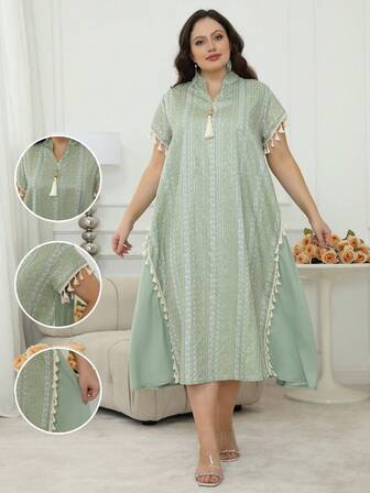 Festival Gold Paljetter Broderi Abaya Klänning Jalabia För Plus Size Damer, Traditionell Tofs Design, Vår/Sommar 2025