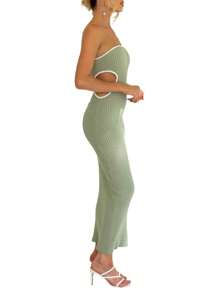 Women's Bodycon Tube Dress, Strapless Side Cutout Contrast Color Ribbed Long Dress - Green - View 6