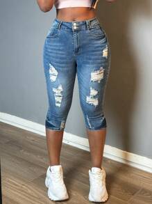 Women's Cropped High Waisted Ripped Tight Jeans Elastic Denim Cropped Pants With Pockets