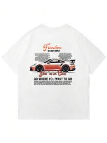 Men's White Short Sleeve T-Shirt, Racing Graphic & "Free Spirit, Unobstructed" Slogan, Streetwear Style