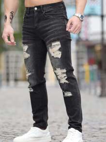 2024 男士弹力洗水破洞牛仔裤，修身舒适直筒休闲裤