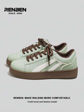 RENBEN 1 Pair Women's Mint Milk Snake Printed Sneakers, 2025 Spring/Autumn New Thick Sole Vintage Casual Sporty Shoes