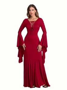 Women Halloween Vampire Costume Cut-Out Lacing Bodycon Gothic Floor Dress Cosplay Outfits - Red - View 2