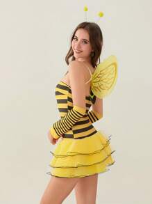 Women Halloween Outfit, Sleeveless Striped/Dots Print Ladybug/Bee Cosplay Dress Hair Hoop Wings