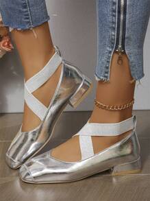 女士粗跟低跟鞋，方头弹性交叉带一脚蹬鞋，纯色百搭鞋44 - 銀色 - 查看 13