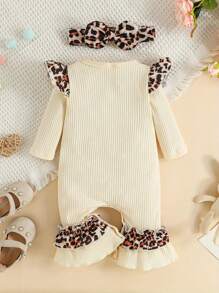 Baby Girl Easter Jumpsuit Set Rabbit  Letter Print Long Sleeve Ruffle Romper With Bow Headband - Apricot - View 2