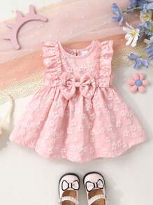 2pcs Set, Casual, Elegant, Sweet, Cute, Toddler Girls' Dress, Baby Girl Clothes, Soft & Comfortable, Floral Jacquard Bow Decor Ruffle Trim Solid Color Sleeveless Princess Dress Outfit, Suitable For Daily Wear, Vacation, Party, Photography