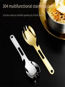 304 Stainless Steel Multi-Function Spoon Combo, Outdoor Portable Cutlery Set With Fruit Fork - Multicolor - View 1