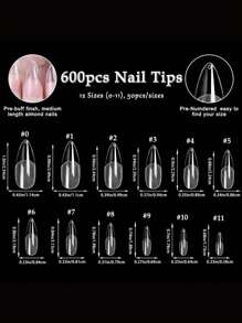 600pcs Medium Almond Square Nail Tips - Full Cover, Soft Gel X Acrylic, Half Matte Finish, Pre-Shaped Almond Square Fake Nails Acrylic False Nail Tip For Salon And Home Nail Design 12 Sizes
