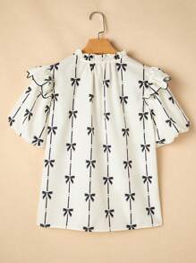 Beige Bow Printed Ruffled Bubble Sleeve Tied Notched V Neck Blouse - Beige - View 4
