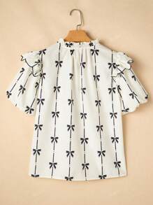 Acelitt Blusa con scollo a V arricciata con ruches, maniche a palloncino, decorata con fiocco e stampa, colore beige