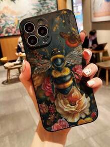Geperforeerde rand Bloemenbij geschilderde anti-val telefoonhoesje compatibel met iPhone 16/16 Pro/16 Plus/16 Pro Max, P14 Pro Max, P13, Cartoon P11, P12, Anti-val XR, Cartoon 7/8 GES2 telefoonhoesjes