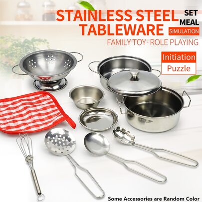 11pcs Children Stainless Steel Toy Kitchen Cookware Playset, Realistic Cooking Simulation Toy, Role Play Early Education Toy, Indoor Parent-Child Interaction, Birthday Gift
